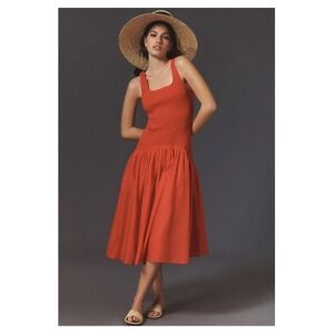 Hutch Anthropologie Red Sleeveless Smocked Drop Waist Midi Dress Women's‎ Medium